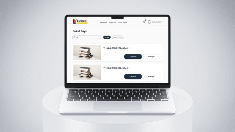 Dashboard aplikasi tryout LATSAR berbasis CAT untuk latihan soal, simulasi ujian, dan analisis hasil belajar peserta CPNS.